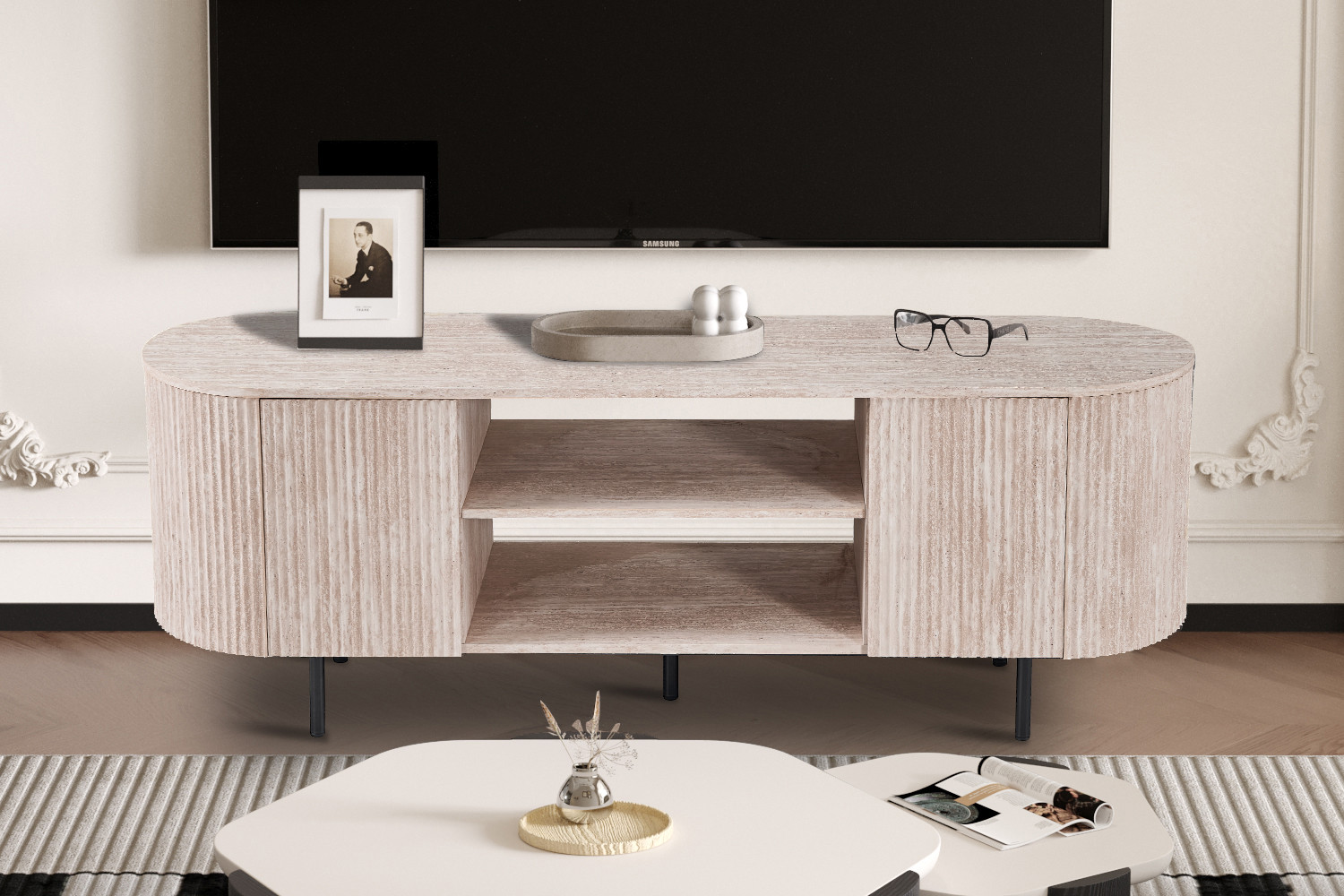Meuble TV 'Lagos' 160 cm Décor Chêne Naturel Travertin Beige Brun foncé