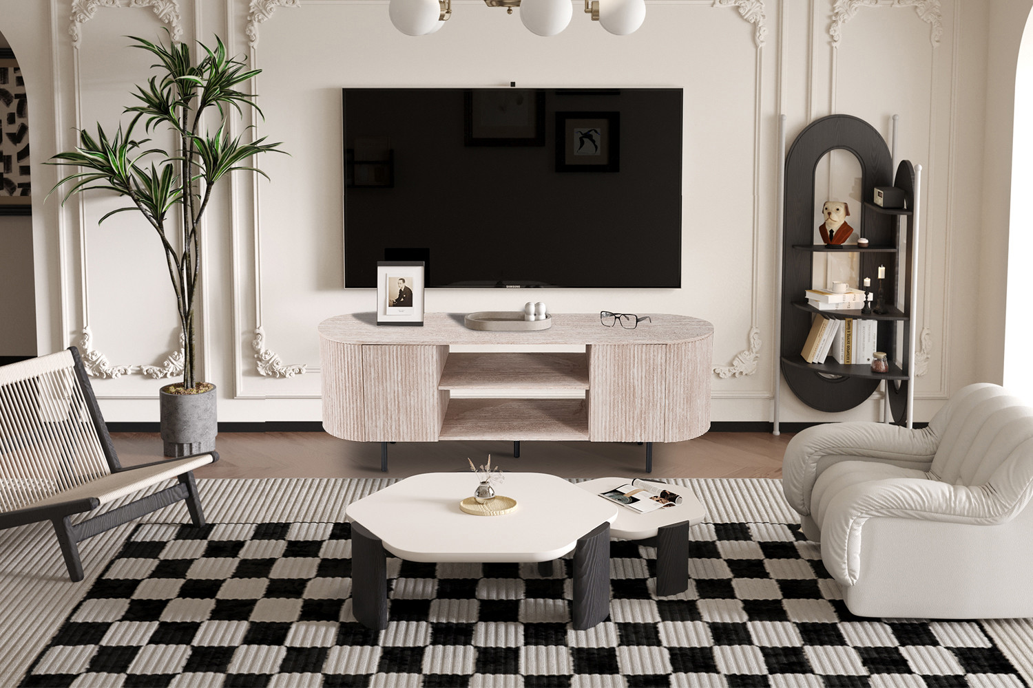 Meuble TV 'Lagos' 160 cm Décor Chêne Naturel Travertin Beige Brun foncé – Image 12