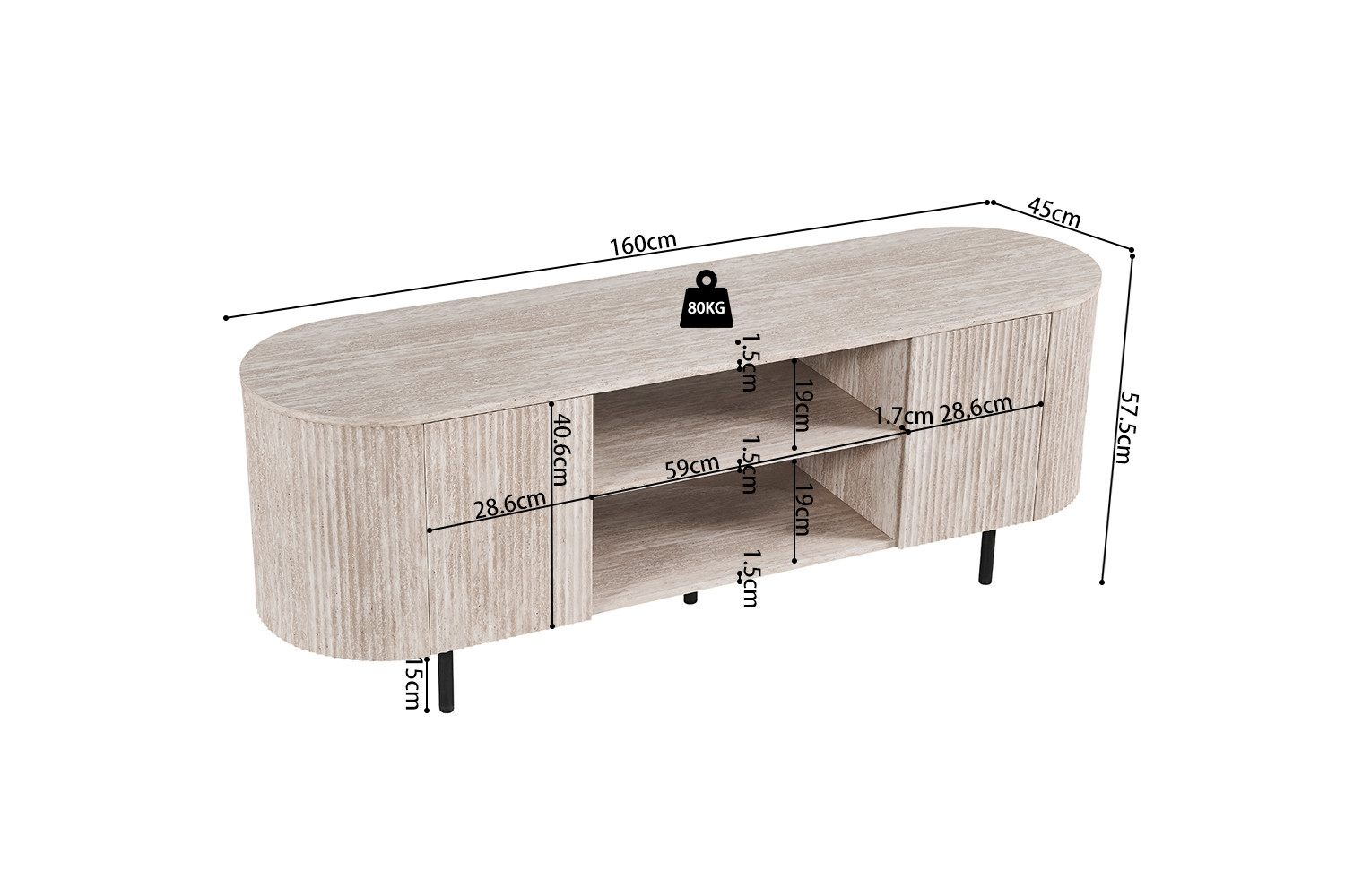Meuble TV 'Lagos' 160 cm Décor Chêne Naturel Travertin Beige Brun foncé – Image 8