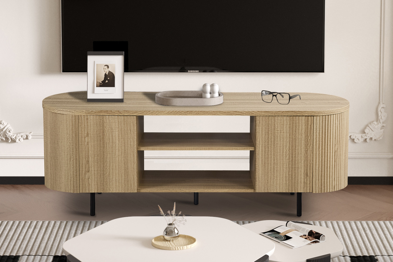 Meuble TV 'Lagos' 160 cm Décor Chêne Naturel Travertin Beige Brun foncé – Image 7