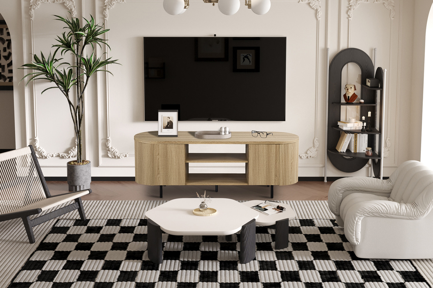 Meuble TV 'Lagos' 160 cm Décor Chêne Naturel Travertin Beige Brun foncé – Image 6