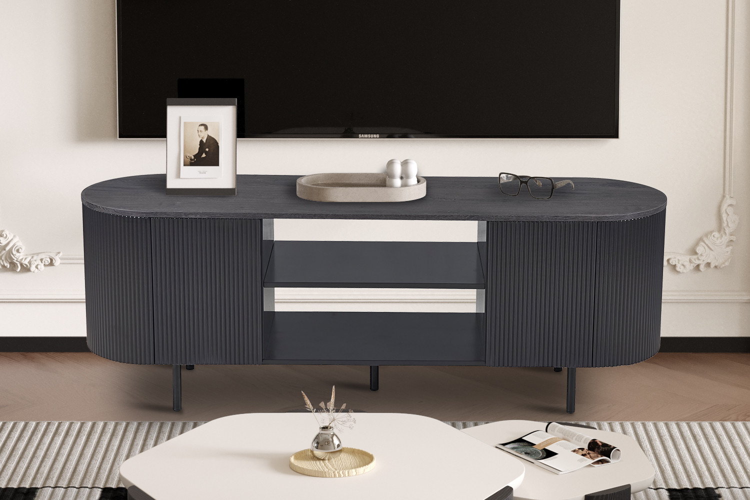Meuble TV 'Lagos' 160 cm Décor Chêne Naturel Travertin Beige Brun foncé – Image 4