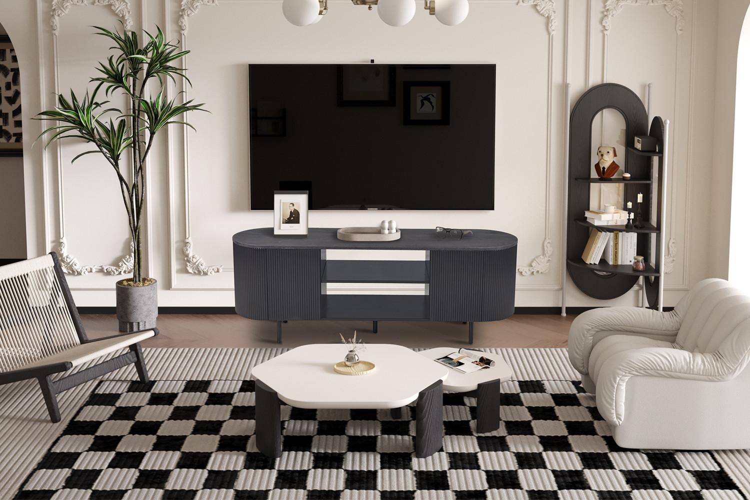 Meuble TV 'Lagos' 160 cm Décor Chêne Naturel Travertin Beige Brun foncé – Image 3