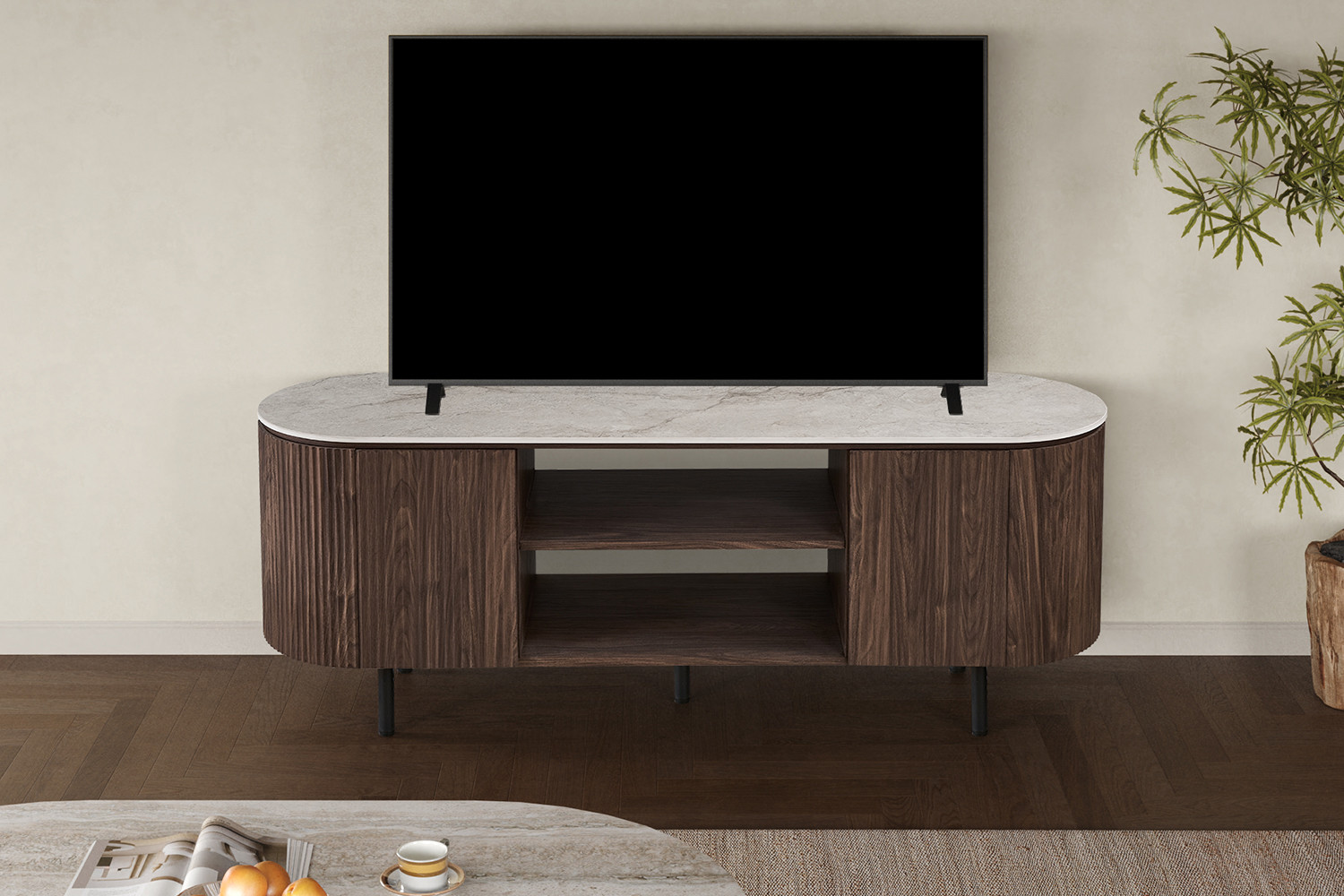 NEW - Meuble TV 'Vigo' 160 cm Décor Chêne Foncé Shakespear Beige