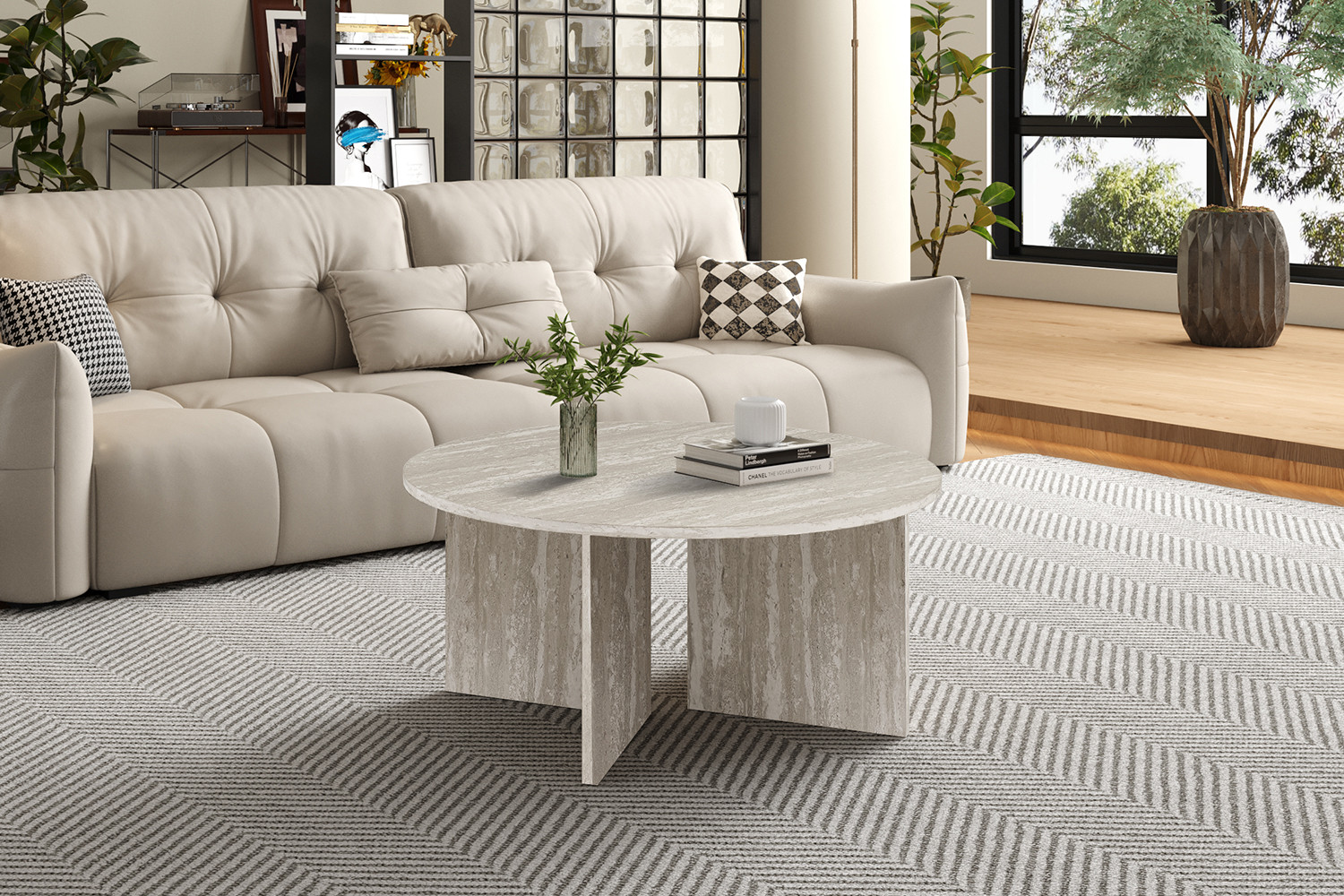 NEW - Table basses 'Drasir' Ronde Décor Travertin Gris