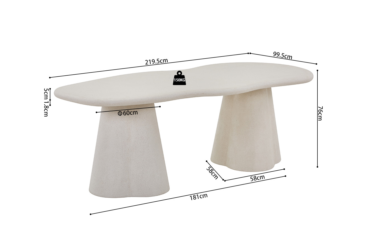 Table 'Faro' 220 cm Organique Ciment -H 76 x B-L 219.5 x D-P 99.5 cm – Image 3