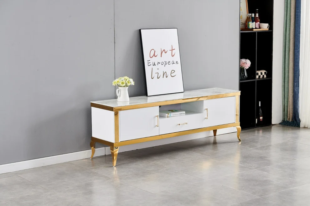 Meuble TV Baroque argent marbre blanc 1m70